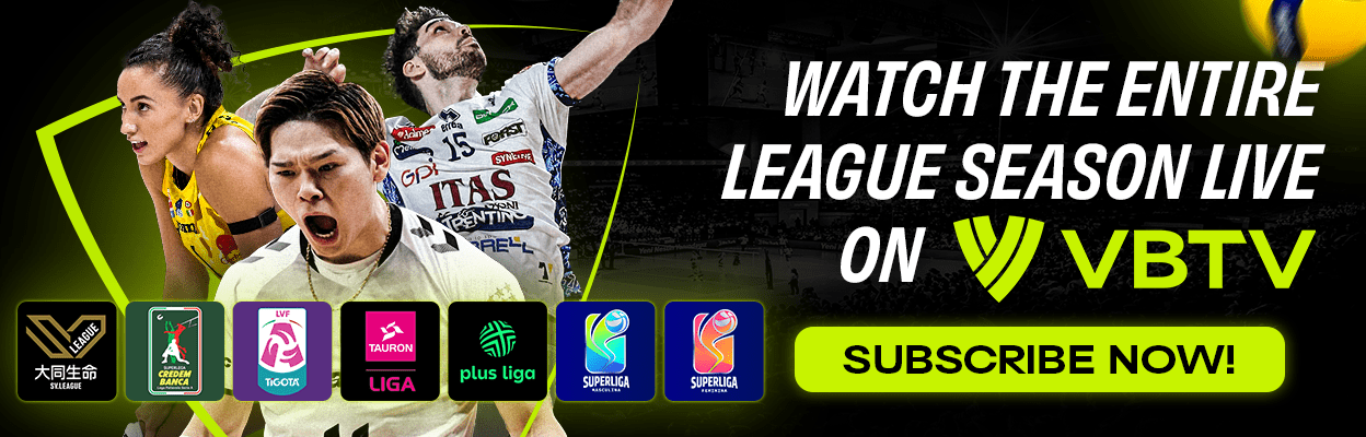 image: Three professional volleyball players and elite volleyball league logos