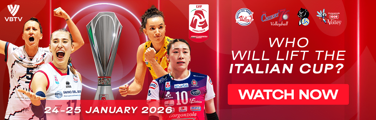 image: Three professional volleyball players and elite volleyball league logos