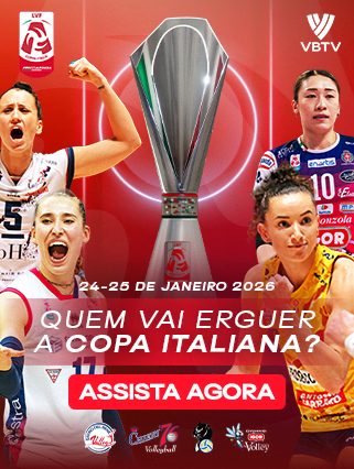 image: Three professional volleyball players and elite volleyball league logos