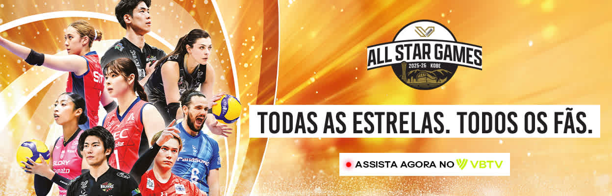 image: Three professional volleyball players and elite volleyball league logos